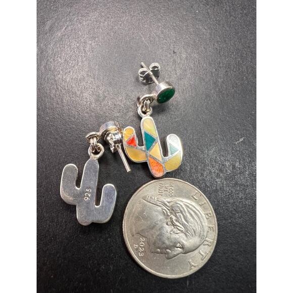 NEW Sterling Silver Peruvian Art Mosaic Cactus Earrings – Multi-Gemstone Inlay - Picture 4 of 12